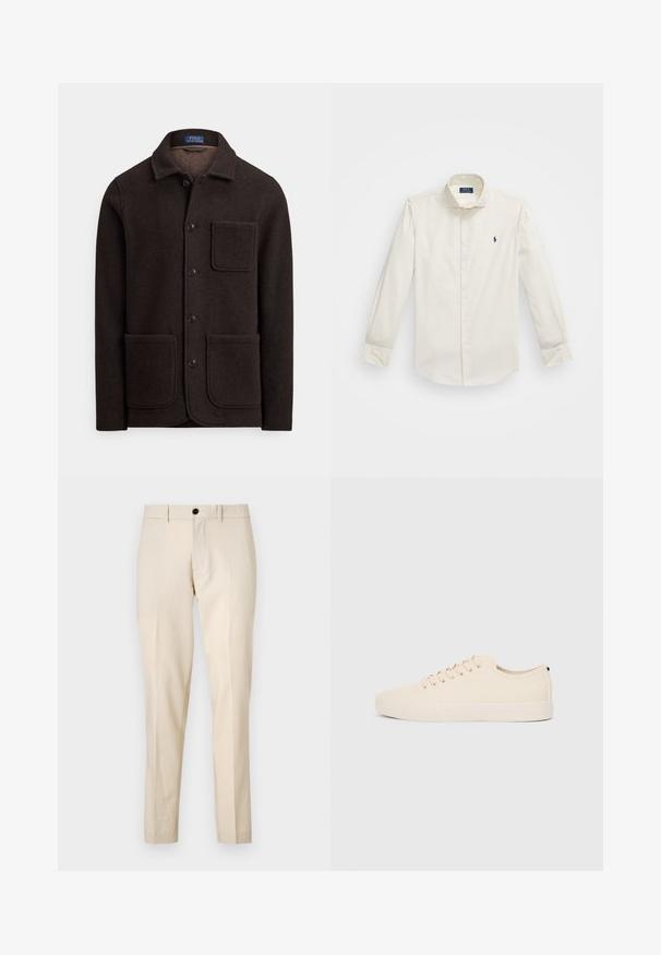 Casaco de lã castanho escuro com fecho de botões, gola pontiaguda e dois grandes bolsos frontais. Apresenta um bolso no peito e textura suave.; Camisa branca de manga longa feita de algodão, com colarinho tipo abotoado, um único bolso no peito e um pequeno logotipo azul-marinho no lado esquerdo.; Calças de tecido beige, com uma textura suave, apresentando um fecho frontal com botão, design plano na frente e pernas retas. Sem bolsos visíveis.; Sapatilhas de lona bege com biqueira redonda, sola de borracha plana e atacadores à frente. Apresentam um design minimalista e um detalhe preto contrastante no calcanhar.