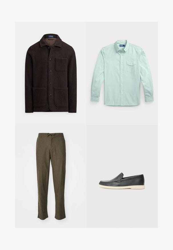 Casaco de lã castanho escuro com fecho de botões, gola pontiaguda e dois grandes bolsos frontais. Apresenta um bolso no peito e textura suave.; Camisa de botão de manga longa azul-claro com um bolso, apresentando um colarinho, botões à frente e tecido texturizado.; Calças verde-oliva feitas de tecido texturado, com cintura elástica ajustável e pernas retas, apresentadas sobre um fundo branco.; Mocassins pretos em couro com acabamento texturizado e sola de borracha bege em contraste. Apresenta um detalhe subtil na parte da frente.