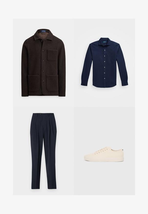 Tumši brūns vilnas žakets ar pogām aizpogājamā priekšpusē, ar smailu apkakli un divām lielām prieksējām kabatām. Ir krūšu kabata un mīksta tekstūra.; Tumši zils garās piedurknes pogājams krekls, izgatavots no kokvilnas, ar klasisku apkakli, baltajām pogām un mazu izšuvumu uz krūtīm.; Jūras spēku bikses ar augstu jostasvietu, ar krokām priekšpusē un vienu pogu aizdari. Audums izskatās gluds, ar piegriezumu, kas ir rūpīgi izstrādāts un taisnu kāju dizainu.; Bežīgas kanvas kedas ar apaļu purngalu, plakanu gumijas zoli un auklām priekšā. Ir minimālisma dizains un kontrastējoša melna akcenta detaļa uz papēža.