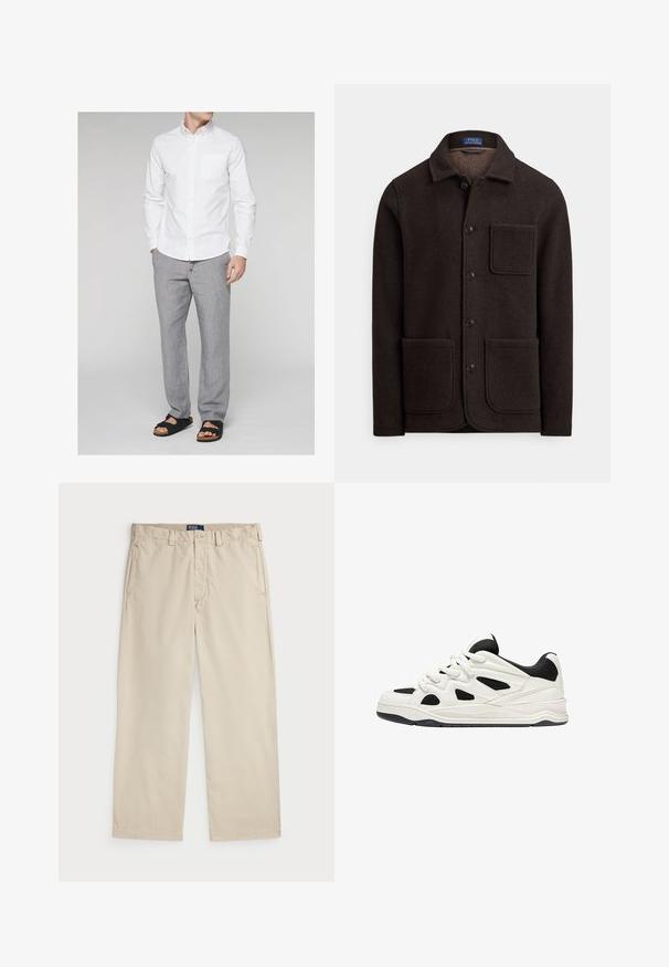 Dunkelbraune Wolljacke mit durchgehender Knopfleiste, spitzem Kragen und zwei großen Fronttaschen. Verfügt über eine Brusttasche und eine weiche Textur.; Next LONG SLEEVE OXFORD - Hemd - white; Beige Baumwollchinos mit geradem Bein, ausgestattet mit einem Knopfverschluss und zwei vorderen Taschen. Glatte Textur und einfarbig.; Weiß-schwarze Sportschuhe mit einer strukturierten Sohle, die auf der Seite ausgeschnittene Designs und Schnürsenkel aufweisen, sowie eine gepolsterte Ferse für Unterstützung.