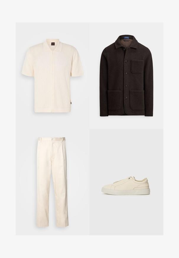 Chaqueta de lana marrón oscuro con cierre de botones al frente, cuello puntiagudo y dos grandes bolsillos delanteros. Cuenta con un bolsillo en el pecho y una textura suave.; Polo de manga corta en color crema con textura ribeteada vertical, cierre de cinco botones y un cuello clásico. Hecho de un tejido suave.; Pantalones de algodón beige con corte recto, que cuentan con un cierre de botón y pliegues en la parte frontal para un detalle adicional.; Zapatilla de cuero beige con punta redondeada, diseño minimalista, detalles de costura sutiles y parte superior texturizada, sobre una suela clara.