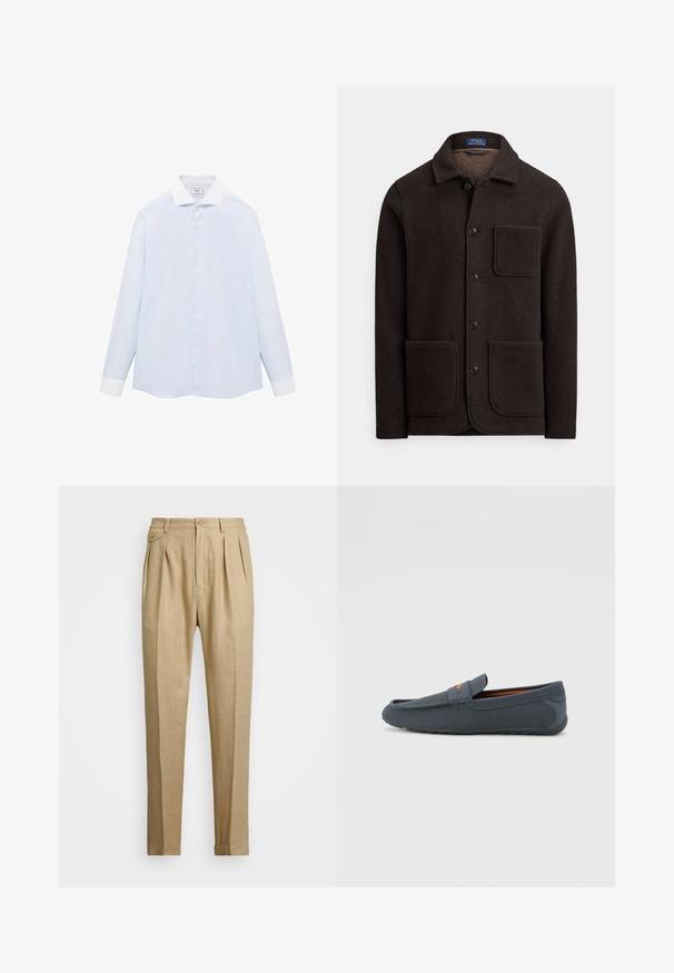 Ciemnobrązowa wełniana kurtka z zapinanym na guziki przodem, spiczastym kołnierzem i dwoma dużymi przednimi kieszeniami. Posiada kieszeń na piersi oraz miękką fakturę.; Jasnoniebieska, w paski, koszula z długim rękawem, z białym kołnierzykiem i mankietami, z zapięciem na guziki z przodu i zaokrąglonym dolnym brzegiem. Gładka tekstura materiału.; Beżowe lniane spodnie o prostym kroju, z dwoma fałdami z przodu, z zapięciem na guzik i kieszeniami po bokach. Teksturowana tkanina o gładkim wykończeniu.; Szare, perforowane mokasyny o konstrukcji typu slip-on, z pomarańczowym akcentem, zaokrąglonym noskiem i teksturowaną gumową podeszwą.