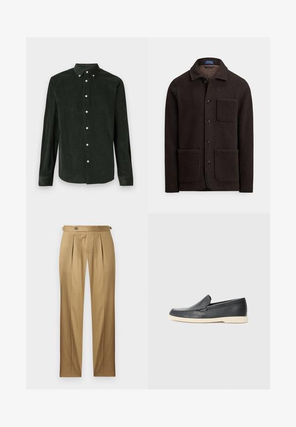 Giacca in lana marrone scuro con chiusura frontale a bottoni, colletto appuntito e due grandi tasche anteriori. Caratterizzata da una tasca sul petto e una texture morbida.; Camicia a maniche lunghe in corduroy verde scuro con colletto a bottoni su uno sfondo bianco.; Pantaloni beige con vestibilità dritta, caratterizzati da pinces, chiusura con bottone e passanti per cintura. Tessuto liscio con un aspetto pulito e sartoriale.; Mocassini neri in pelle con finitura testurizzata e suola in gomma beige a contrasto. Presentano un accento sottile lungo la parte anteriore.