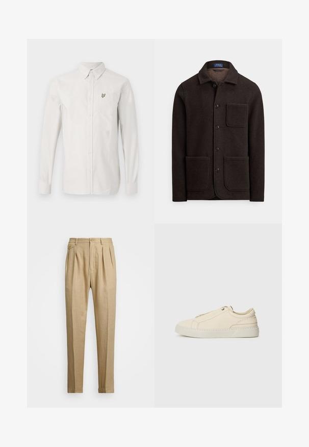 Jachetă din lână maro închis cu închidere cu nasturi, guler ascuțit și două buzunare mari în față. Are un buzunar la piept și o textură moale.; Cămașă albă, cu nasturi, din bumbac, cu mâneci lungi. Prezintă un mic logo brodat cu o pasăre verde pe buzunarul din stânga.; Pantaloni din in bej cu croi drept, având două pliuri frontale, închidere cu nasture și buzunare laterale. Material texturat cu un finisaj neted.; Adidași din piele bej cu vârful rotunjit, design minimalist, detalii subtile de cusătură și un superior texturat, pe o talpă deschisă.