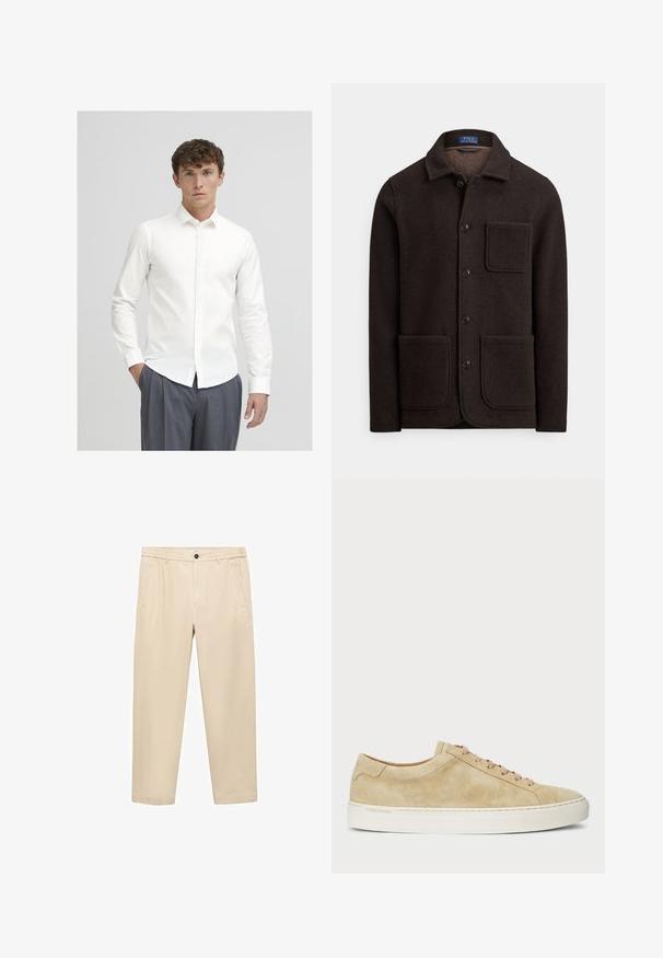 Dunkelbraune Wolljacke mit durchgehender Knopfleiste, spitzem Kragen und zwei großen Fronttaschen. Verfügt über eine Brusttasche und eine weiche Textur.; Weißes langärmliges Hemd mit glattem Stoff. Mit einem klassischen Kragen und schlanker Passform, kombiniert mit grau gestreiften Hosen.; Beige, lässige Hose aus einem weichen Stoff; mit elastischem Bund, Seitentaschen und geradem Schnitt.; Beige Wildledersneaker mit niedrigem Profil, runder Zehenpartie und beigen Schnürsenkeln. Verfügt über eine weiße Gummisohle und dezente Markenkennzeichnung an der Seite.