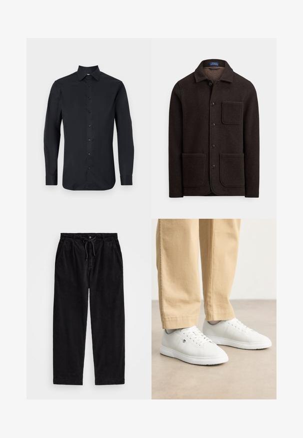Tamsiai ruda vilnos striukė su sagomis priekyje, smailia apykakle ir dviem didelėmis kišenėmis priekyje. Yra krūtinės kišenė ir minkšta tekstūra.; Juodas ilgas rankovėmis marškiniai, pagaminti iš glotnaus audinio, su klasikinio tipo apykakle, priekyje su mygtukais ir mygtukais rankogaliuose.; Juodo kanapinio audinio kelnių modelis, turintis laisvą siluetą, su elastingu juosmeniu ir raiščiu, bei šoninėmis kišenėmis. Audinys turi išilginę tekstūrą.; Baltos odinės sportbačiai su lygia apdaila, su apvalia nosimi, nėriniais ir subtiliu logotipo detaliu šone, derinami su béžinėmis kelnėmis.