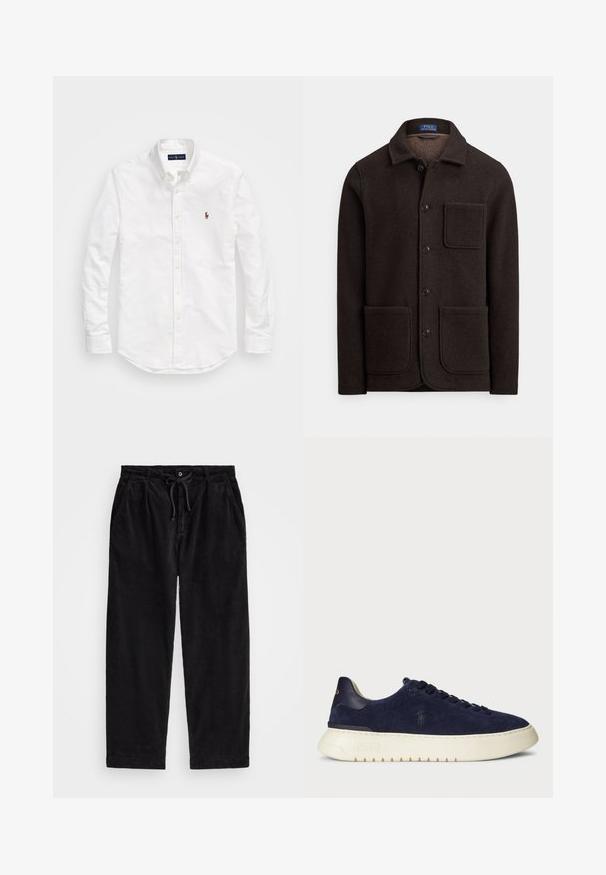 Casaco de lã castanho escuro com fecho de botões, gola pontiaguda e dois grandes bolsos frontais. Apresenta um bolso no peito e textura suave.; Camisa branca de botão feita de algodão, com mangas longas, uma bainha curva e um pequeno logotipo bordado no peito.; Calças de veludo cotelê pretas com um ajuste relaxado, apresentando uma cintura elástica com cordão e bolsos laterais. O tecido apresenta uma textura canalizada.; Sapatilha baixa em camurça azul-marinho com uma superfície texturizada, sola de borracha e atacadores tonais, apresentando um pequeno logótipo de lado e no calcanhar.