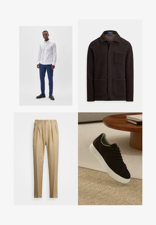 Giacca in lana marrone scuro con chiusura frontale a bottoni, colletto appuntito e due grandi tasche anteriori. Caratterizzata da una tasca sul petto e una texture morbida.; Camicia bianca con chiusura a bottoni, abbinata a pantaloni blu. Il modello indossa mocassini neri. Tessuto liscio e vestibilità su misura.; Pantaloni in lino beige con taglio dritto, dotati di due pince anteriori, chiusura con bottone e tasche laterali. Tessuto testurizzato con una finitura liscia.; Sneaker nero con suola bianca che flotta sopra un tappeto beige testurizzato vicino a un tavolo rotondo in legno con libri impilati.