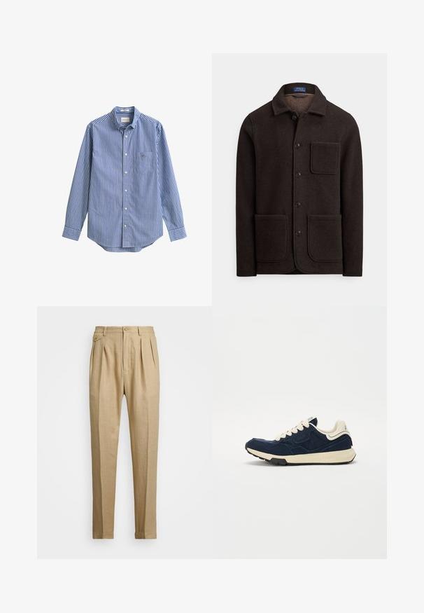 Tumepruun villane jakk, millel on eest nööbitav sulgemine, terav krae ja kaks suurt eesmist taskut. Omadusteks on rindkere tasku ja pehme tekstuur.; Sinine ja valge vertikaalsete triipudega pika varrukaga särk, millel on nööbitav krae, üks eesmine tasku ja ümarääris. Sile puuvillane kangas.; Bežid linasest püksid sirge lõikega, kahel esisel peenral, nööbiga kinnitamisel ja küljetaskutega. Tekstuuritud kangas sileda viimistlusega.; Tumesinine toss, millel on tekstuuriga seemisnahast ülemine osa, kreemjad paelad ja beež vaheosa. Omab klassikalist spordidisaini ja kummist tallat.