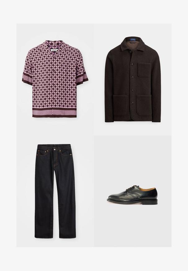 Sötétbarna gyapjúdzseki gombokkal záródó elejű, hegyes gallérral és két nagy első zsebbel. Mellzsebbel és puha tapintású anyaggal.; Rövid ujjú ing, amely barna és rózsaszín geometrikus mintával rendelkezik. Könnyű anyagból készült, galléros nyakkivágással és gombos záródással.; Férfi egyenes szabású fekete farmernadrág öt zsebbel és narancssárga varrással, gombos és cipzáros záródással elöl.; Fekete bőr dresszcipő sima felülettel, kerek orral és minimális fűzéssel. Diszkrét dizájn jellemzi, alacsony, masszív gumitalpakkal.