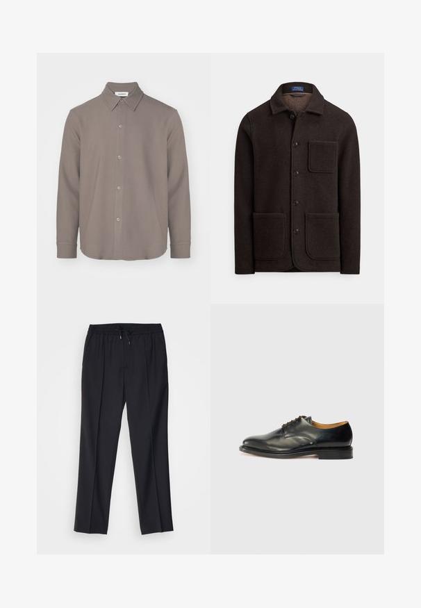 Giacca in lana marrone scuro con chiusura frontale a bottoni, colletto appuntito e due grandi tasche anteriori. Caratterizzata da una tasca sul petto e una texture morbida.; Camicia a maniche lunghe con collare in un materiale marrone tenue, caratterizzata da una chiusura con bottoni, orlo arrotondato e una texture liscia con dettagli minimi.; sandro ALPHA - Chino - noir; Scarpa da uomo in pelle nera con finitura liscia, punta rotonda e lacci minimi. Presenta un design sobrio e una suola in gomma bassa e robusta.