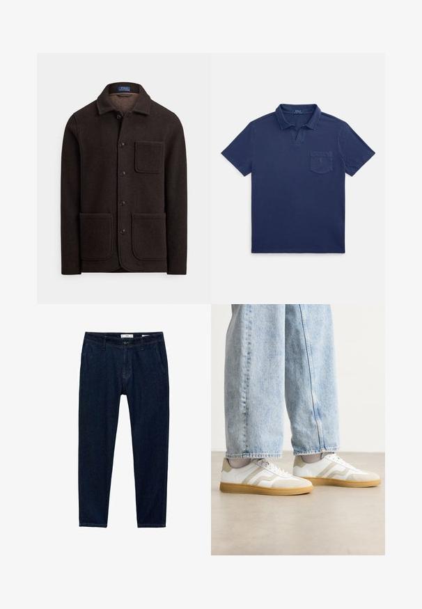 Giacca in lana marrone scuro con chiusura frontale a bottoni, colletto appuntito e due grandi tasche anteriori. Caratterizzata da una tasca sul petto e una texture morbida.; Polo blu navy in cotone, con colletto a risvolto, maniche corte e taschino sul petto con un piccolo dettaglio logo.; Pantaloni in denim blu scuro con vestibilità dritta. Le caratteristiche includono cinque tasche, passanti per cintura e chiusura a zip con bottone.; Sneakers bianchi con dettagli in suede beige e suole in gomma leggera; presentano un design low-top e dettagli testurizzati sulla parte superiore.