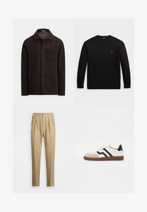 Jachetă din lână maro închis cu închidere cu nasturi, guler ascuțit și două buzunare mari în față. Are un buzunar la piept și o textură moale.; Tricou negru cu mânecă lungă din bumbac. Are guler rotund, manșete ribbificate și un mic logo roșu brodat pe piept. Textură netedă.; Pantaloni din in bej cu croi drept, având două pliuri frontale, închidere cu nasture și buzunare laterale. Material texturat cu un finisaj neted.; Adidași albi cu accente negre, vârf din suede și talpă din cauciuc maro. Ușor din piele netedă cu un design rotunjit.