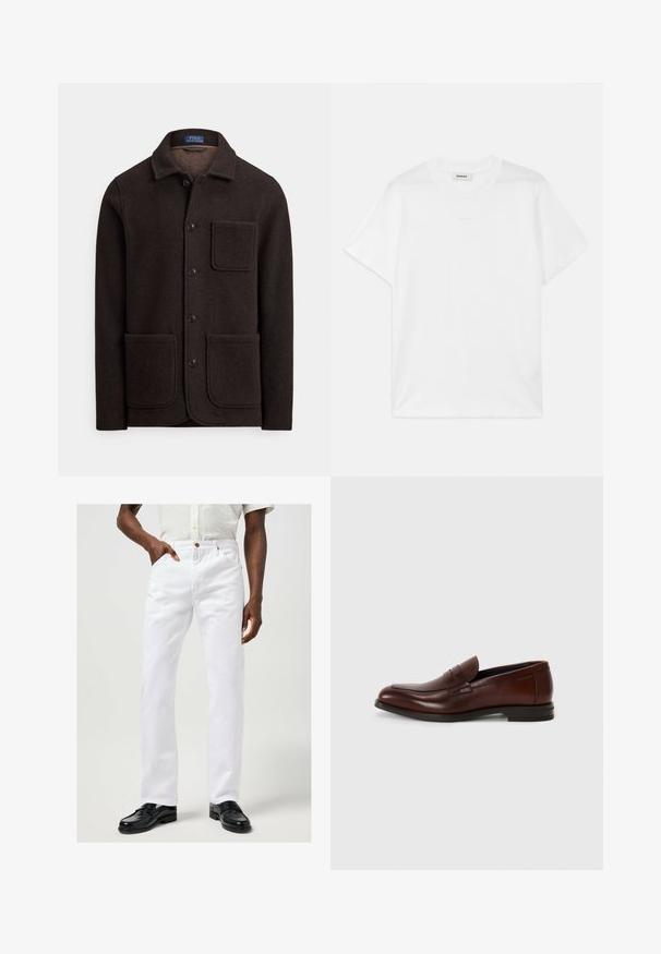 Veste en laine brun foncé avec fermeture à boutons, col pointu et deux grandes poches avant. Comprend une poche poitrine et une texture douce.; T-shirt en coton blanc avec un col rond, des manches courtes et un logo discret imprimé sur le devant. Texture lisse et design simple.; Jeans en denim blanc avec une coupe droite, des poches avant, une fermeture à bouton et des coutures contrastées, associés à des chaussures noires.; Mocassins en cuir marron avec un bout rond, détail de bande à l'avant et un petit talon empilé. Texture lisse avec des accents décoratifs minimaux.