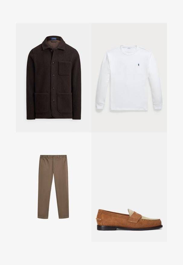 Ciemnobrązowa wełniana kurtka z zapinanym na guziki przodem, spiczastym kołnierzem i dwoma dużymi przednimi kieszeniami. Posiada kieszeń na piersi oraz miękką fakturę.; Biała koszulka z długim rękawem wykonana z bawełny, z okrągłym dekoltem i małym granatowym logo na lewej piersi. Gładka faktura, prosty design.; Brązowe bawełniane chinosy o prostym kroju, z elastycznym paskiem w talii i przednimi kieszeniami. Gładka struktura i minimalne detale szycia.; Polo Ralph Lauren ALSTON koniakowy