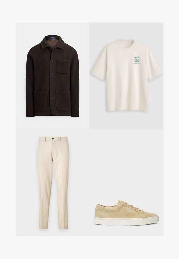 Tamsiai ruda vilnos striukė su sagomis priekyje, smailia apykakle ir dviem didelėmis kišenėmis priekyje. Yra krūtinės kišenė ir minkšta tekstūra.; Balti medvilniniai trumpomis rankovėmis marškinėliai su žaliu Lev's logotipu ir tekstu kairėje krūtinės pusėje. Laisvo kirpimo, švelnios tekstūros.; Šviesiai rudos spalvos, pritaikyti kelnes su lygiu paviršiumi, turinčios priekį užsegimą mygtuku, plokščią priekį ir tiesias kojas. Kišenių nematyti.; Kreminiai zomšiniai sportbačiai su žemu profiliu, apvaliu pirštu ir kreminėmis raištelėmis. Yra balta guma padanga ir subtilus logotipas šone.