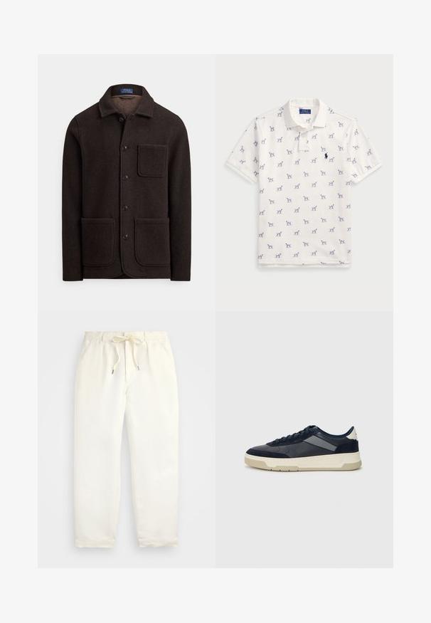 Tmavě hnědá vlněná bunda s knoflíkovým zapínáním vpředu, špičatým límcem a dvěma velkými předními kapsami. Má kapsu na hrudi a měkkou texturu.; Bílá polo tričko vyrobené z bavlny, s opakovaným modrým vzorem psů a malým modrým logem na hrudi. Krátké rukávy a límeček.; Světle krémové, volné kalhoty vyrobené z měkké látky. Mají elastický pás s tkaničkou a zúžený střih nohavic.; BOSS BALTIMORE - Tenisky - open blue