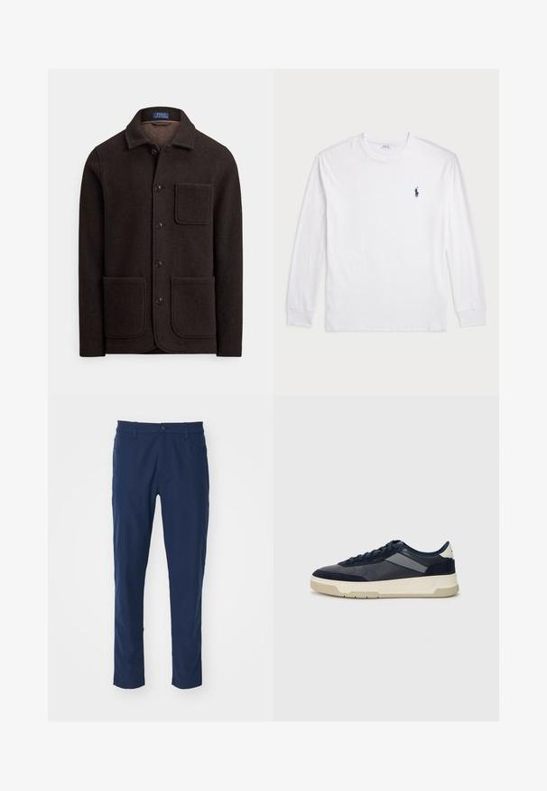 Tamsiai ruda vilnos striukė su sagomis priekyje, smailia apykakle ir dviem didelėmis kišenėmis priekyje. Yra krūtinės kišenė ir minkšta tekstūra.; Balta ilgomis rankovėmis marškinėliai iš medvilnės. Gali būti apvalios formos kaklas, raukšlės ant rankovių, ir nedidelis tamsiai mėlynas polo logotipas kairėje krūtinės pusėje.; Tamsiai mėlynos kelnės su lygiu paviršiumi, siauro kirpimo, priekinėmis kišenėmis ir vienu mygtuku juosmens srityje. Nėra matomų raštų.; BOSS BALTIMORE - Sportbačiai - open blue