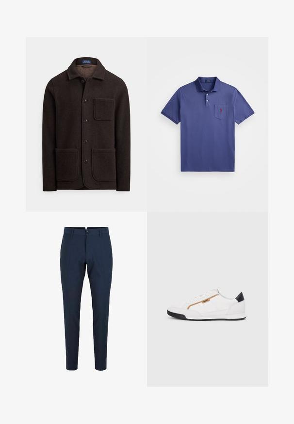 Tmavě hnědá vlněná bunda s knoflíkovým zapínáním vpředu, špičatým límcem a dvěma velkými předními kapsami. Má kapsu na hrudi a měkkou texturu.; Fialové polo tričko vyrobené z bavlny, s tříknoflíkovou légou, krátkými rukávy a náprsní kapsou s vyšitým červeným logem.; Námořnické modré kalhoty na míru, vybavené poutky na opasek, předními záhyby a úzkým střihem. Vyrobené z lehkého hladkého materiálu.; Bílé sportovní boty s akcenty z meshe a kůže. Mají zlaté logo "BOSS", texturované boční panely a černý podpatek. Gumová podrážka.