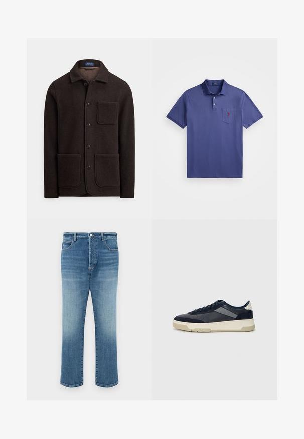 Tumši brūns vilnas žakets ar pogām aizpogājamā priekšpusē, ar smailu apkakli un divām lielām prieksējām kabatām. Ir krūšu kabata un mīksta tekstūra.; Violeta polo krekls, izgatavots no kokvilnas, ar trīs pogām, īsām piedurknēm un krūšu kabatu ar sarkanu logo izšuvumu.; Gaiši zili džinsa džinsi ar taisnu griezumu, ar pogu aizdari, piecām kabatām un smalkiem izbalējuma efektiem uz kājām.; BOSS BALTIMORE - Sporta apavi - open blue