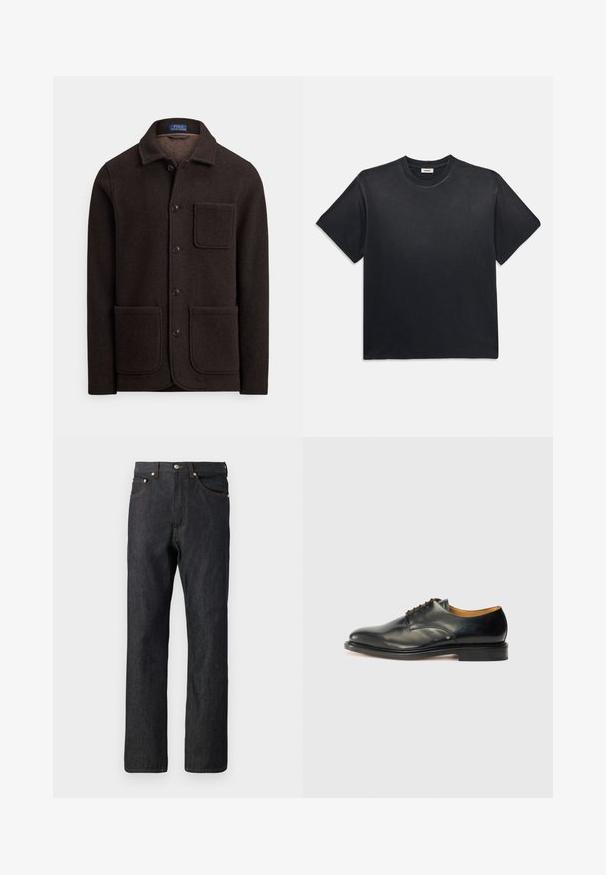 Jachetă din lână maro închis cu închidere cu nasturi, guler ascuțit și două buzunare mari în față. Are un buzunar la piept și o textură moale.; Tricou negru din bumbac, cu guler rotund și mâneci scurte. Prezintă o croială lejeră, o textură fină și un design minimalist.; Jeans din denim albastru închis cu un design drept. Dispune de cinci buzunare, cusături aurii și un sistem de închidere prin buton la talie.; Pantof cu toc din piele neagră, cu un finisaj neted, vârf rotund și șireturi minime. Prezintă un design subtil și o talpă din cauciuc joasă și rezistentă.