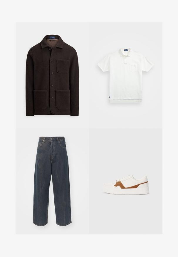 Giacca in lana marrone scuro con chiusura frontale a bottoni, colletto appuntito e due grandi tasche anteriori. Caratterizzata da una tasca sul petto e una texture morbida.; Polo bianco in cotone, con colletto classico, placca con tre bottoni e taschino sul lato sinistro del petto; piccolo logo sull'orlo.; Jeans in denim blu scuro a gamba ampia con una sottile texture strappata, cinque tasche e una chiusura classica con bottone e zip in vita.; Sneaker bianca con dettagli in pelle scamosciata marrone, caratterizzata da una finitura testurizzata, punta rotonda, suola spessa e design tradizionale con lacci.