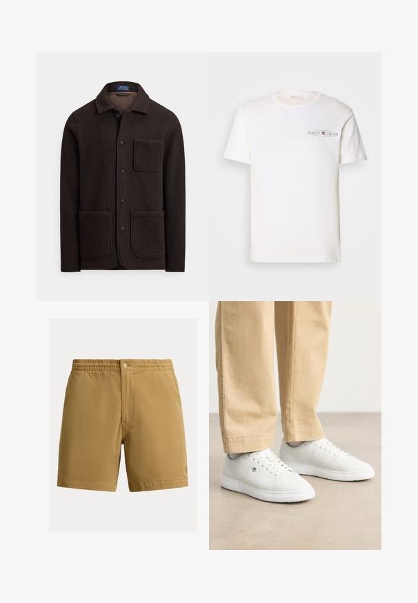 Sötétbarna gyapjúdzseki gombokkal záródó elejű, hegyes gallérral és két nagy első zsebbel. Mellzsebbel és puha tapintású anyaggal.; Fehér pamut póló kerek nyakkal, rövid ujjakkal és nyomtatott logóval. Minimalista dizájnnal és laza szabással rendelkezik.; Férfi bézs elasztikus derékpántos rövidnadrág gombos záródással és finom logóval a jobb alsó lábszáron.; Fehér bőr sportcipők sima felülettel, kerek orral, fűzős kivitelben, oldalt diszkrét logóval, bézs nadrággal párosítva.