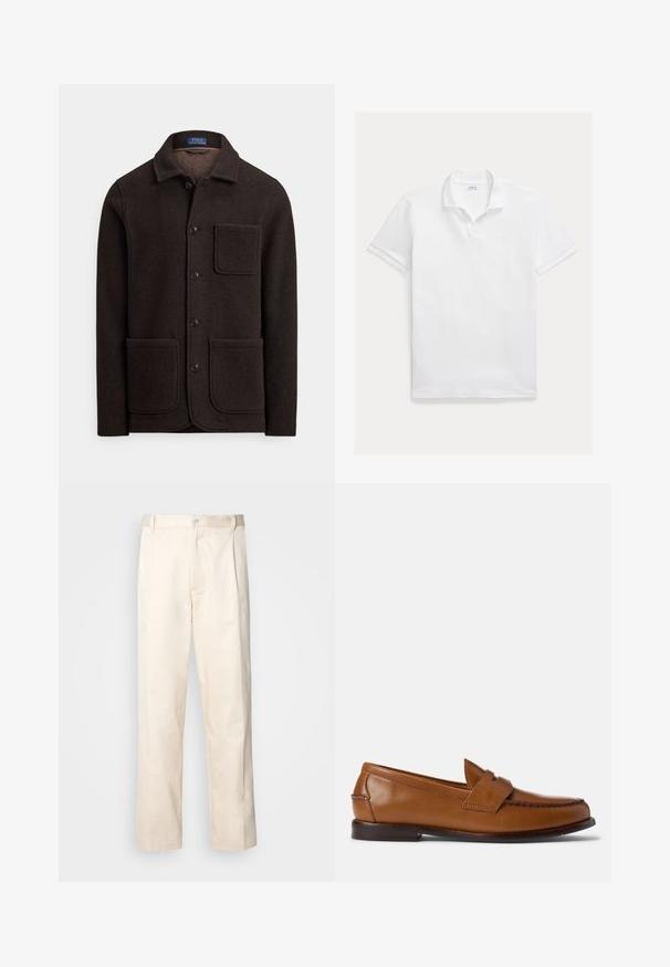 Sötétbarna gyapjúdzseki gombokkal záródó elejű, hegyes gallérral és két nagy első zsebbel. Mellzsebbel és puha tapintású anyaggal.; Fehér, pamutból készült galléros póló. Klasszikus gallérral, rövid ujjakkal és mellkason hímzett logóval rendelkezik. Simogató, könnyű textúra.; Beige pamut nadrág egyenes szárú kivágással, gombos záródással és elülső redőkkel a részletek fokozása érdekében.; Barna bőr loaferek lapos talppal, kerek orral és díszvarrással. Jellemzője a felső részén lévő varrott részlet és a sima felület.