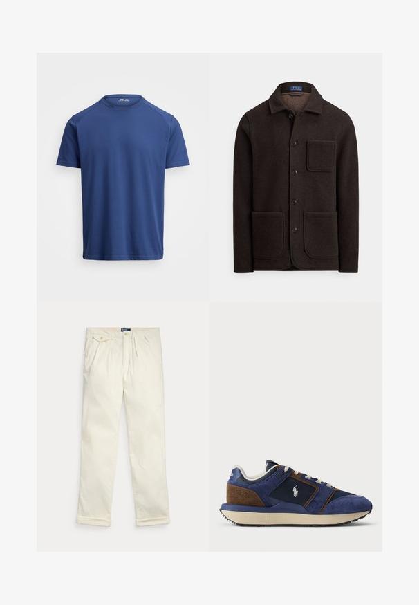 Casaco de lã castanho escuro com fecho de botões, gola pontiaguda e dois grandes bolsos frontais. Apresenta um bolso no peito e textura suave.; T-shirt de manga curta com decote redondo em azul-escuro, feito de tecido suave, com um corte regular e detalhes de costura mínimos.; Calças de bombazina cor creme com pregas, bolsos laterais, bolso com aba e botão, e bainhas viradas, dispostas estendidas sobre um fundo branco.; Sapatilha em camurça e malha azul-marinho com detalhes mais claros, sola de borracha bege e atacadores brancos; apresenta um logótipo na lateral.