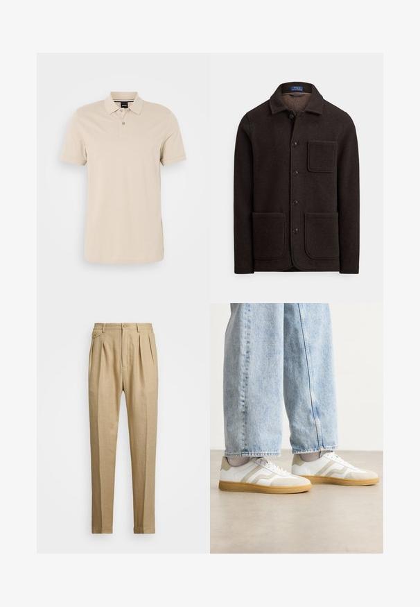 Tmavě hnědá vlněná bunda s knoflíkovým zapínáním vpředu, špičatým límcem a dvěma velkými předními kapsami. Má kapsu na hrudi a měkkou texturu.; Béžová polo košile vyrobená z bavlny, s tříknoflíkovou légou, krátkými rukávy a decentním vyšitým logem na hrudi.; Béžové lněné kalhoty rovného střihu, s dvěma předními sklady, zapínáním na knoflík a bočními kapsami. Strukturovaná tkanina s hladkým povrchem.; Bílé tenisky s béžovými semišovými akcenty a světlými gumovými podrážkami; mají nízký střih a strukturované detaily na svršku.