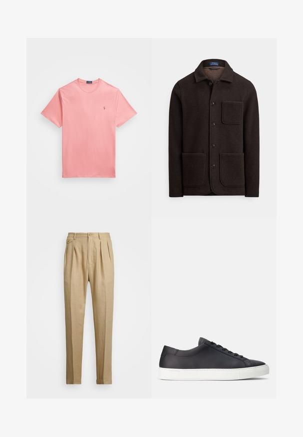 Veste en laine brun foncé avec fermeture à boutons, col pointu et deux grandes poches avant. Comprend une poche poitrine et une texture douce.; T-shirt à manches courtes et col rond en coton rose clair, avec un petit logo doré sur la poitrine gauche. Texture lisse, design simple.; Pantalons en lin beige avec une coupe droite, arbore deux pinces à l'avant, une fermeture à bouton et des poches latérales. Tissu texturé avec une finition lisse.; Baskets en cuir noir à profil bas, à bout rond, avec une semelle en caoutchouc blanc et des lacets plats. Détails discrets du logo sur le côté et la languette.