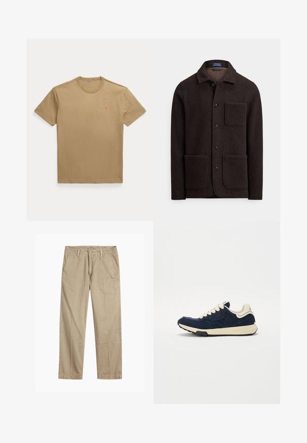 Casaco de lã castanho escuro com fecho de botões, gola pontiaguda e dois grandes bolsos frontais. Apresenta um bolso no peito e textura suave.; T-shirt de algodão bege com gola redonda, mangas curtas e um logótipo bordado em laranja no lado esquerdo do peito. Textura suave, corte clássico.; Chinos bege de perna reta com passantes para cinto, fecho frontal com botão e fecho de correr, e bolsos frontais inclinados.; Tênis azul-marinho com upper de camurça texturizada, atacadores creme e meio-sola bege. Apresenta um design atlético clássico e sola de borracha.