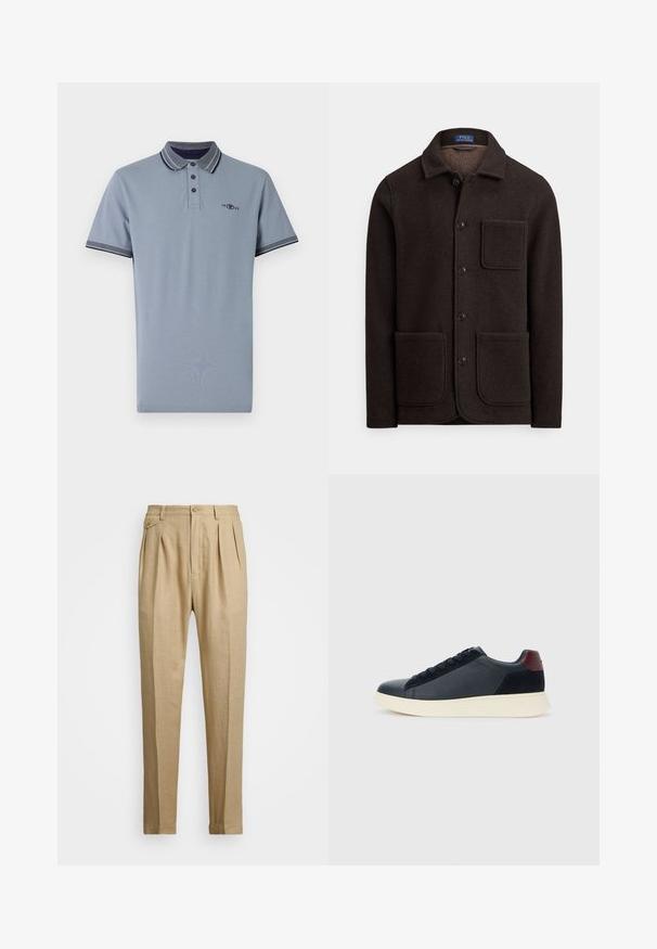 Temno rjav volneni suknjič z zapenjanjem na gumbe, s koničastim ovratnikom in dvema velikima sprednjima žepoma. Ima prsni žep in mehak teksturo.; Polo majica v svetlo modrem bombažu, z nasprotnim ovratnikom v mornarsko modri barvi, dvema gumboma na plavčku in majhnim logotipom na prsih.; Beige lanene hlače s ravnim krojem, ki imajo dva sprednja pregiba, gumbasto zapiranje in stranske žepi. Teksturna tkanina z gladkim zaključkom.; Nizke moške tenisice iz črnega usnja in semiša z vijoličnim petnim delom in belim gumijastim podplatom, prikazane s sprednje strani.