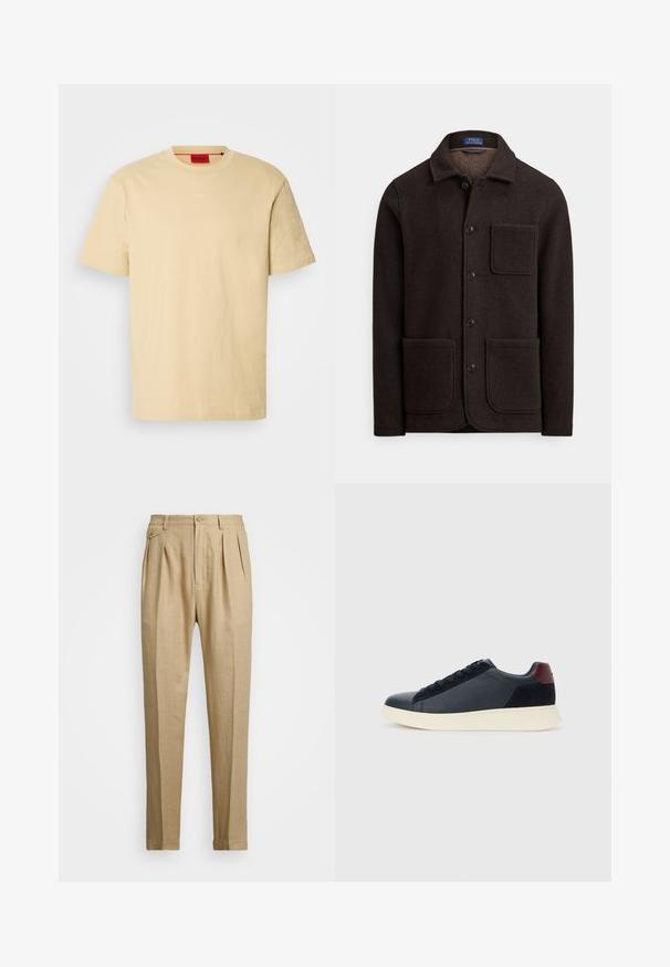 Dark brown wool jacket with a button-up front, pointed collar, and two large front pockets. Features a chest pocket and a soft texture.; Light yellow cotton t-shirt with short sleeves. Features a round neckline and subtle "HUGO" logo on the front. Smooth texture.; Beige linen trousers with a straight cut, featuring two front pleats, a button closure, and side pockets. Textured fabric with a smooth finish.; Low-top men's sneaker in black leather and suede with maroon heel tab and white rubber sole, viewed from the outer side.