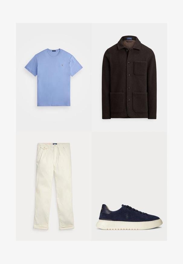 Veste en laine brun foncé avec fermeture à boutons, col pointu et deux grandes poches avant. Comprend une poche poitrine et une texture douce.; T-shirt en coton bleu clair avec des manches courtes, col rond et un petit logo brodé sur la poitrine gauche. Texture lisse et coupe classique.; Pantalon en velours côtelé de couleur crème avec des plis, des poches latérales, une poche à rabat boutonnée et des revers pliés, posé à plat sur un fond blanc.; Baskets basses en suède bleu marine avec une surface texturée, semelle en caoutchouc et lacets ton sur ton, présentant un petit logo sur le côté et au talon.
