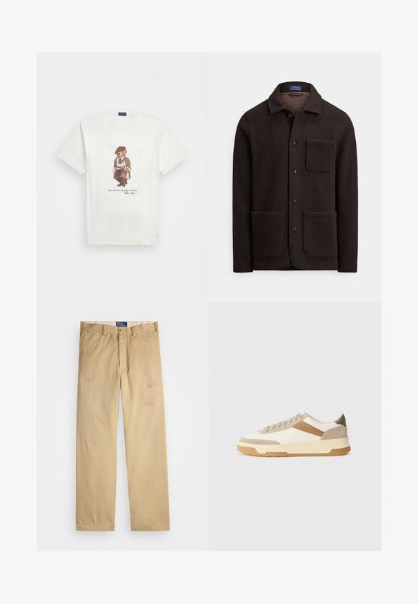 Tumepruun villane jakk, millel on eest nööbitav sulgemine, terav krae ja kaks suurt eesmist taskut. Omadusteks on rindkere tasku ja pehme tekstuur.; Valge lühikese varrukaga T-särk, millel on graafika karust, kes on riietatud vintage riietesse, ja all tekst "POLO BEAR by RALPH LAUREN".; Beezist puuvillased püksid sirge lõikega. Ees on kahjustatud kohad ja tikkimisdetailid. Klassikaline nööbiga ja tõmblukuga sulgemine.; Beige, kreemi ja oliivroheline spordijalats, mis on valmistatud nahast ja sametmaterjalist, ringikujulise varbaga, minimalistliku disainiga ja kummist tallaga.