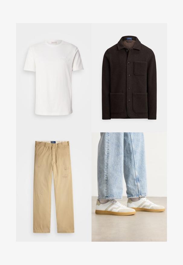 Sötétbarna gyapjúdzseki gombokkal záródó elejű, hegyes gallérral és két nagy első zsebbel. Mellzsebbel és puha tapintású anyaggal.; Fehér pamut póló rövid ujjakkal, a mellkason diszkrét, domború logóval. Klasszikus kerek nyakú dizájn, sima tapintás.; Beige színű pamut nadrág egyenes szabással. Elöl koptatott foltokkal és hímzett részletekkel rendelkezik. Klasszikus gombos és cipzáros záródás.; Fehér sportcipő bézs velúr részletekkel és világos gumitalppal; alacsony szárú kialakítással és texturált részletekkel az üstön.