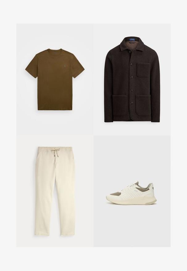 Tumši brūns vilnas žakets ar pogām aizpogājamā priekšpusē, ar smailu apkakli un divām lielām prieksējām kabatām. Ir krūšu kabata un mīksta tekstūra.; Brūns kokvilnas T-krekls ar apaļu kakla izgriezumu un īsām piedurknēm. Ar mazu zilu logo kreisajā krūtī. Gluda tekstūra, ikdienišķs dizains.; Off-white ikdienas bikses ar elastīgu jostu un auklu, taisnām kājām un sānu kabatām uz vienkārša fona.; Baltas un gaiši bež sporta apavi, ar sieta augšdaļu, perforētiem detaļām un teksturētu vidusdaļu ar zīmolu uz papēža.