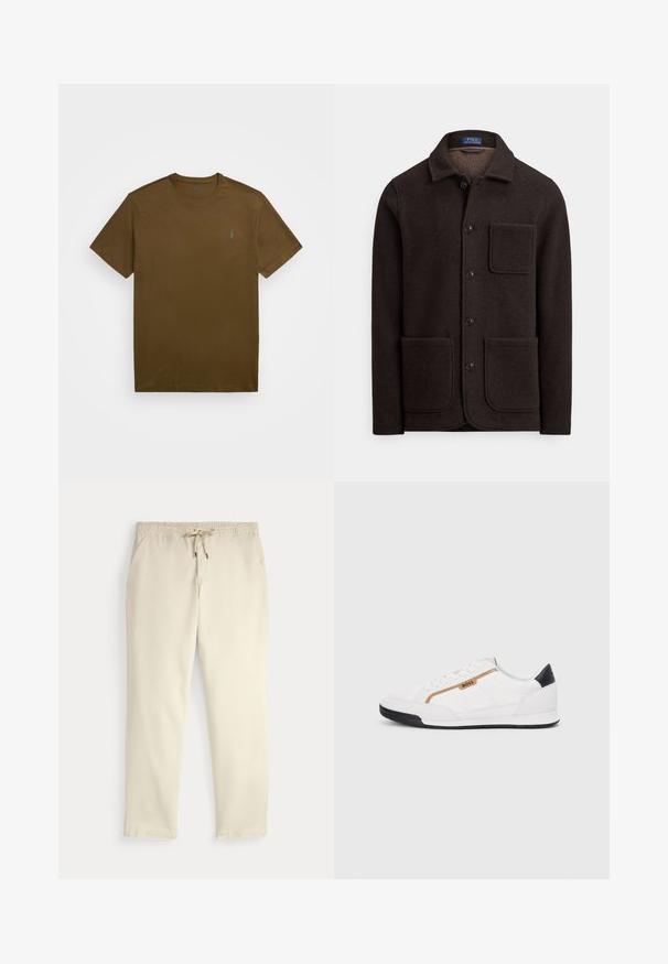 Casaco de lã castanho escuro com fecho de botões, gola pontiaguda e dois grandes bolsos frontais. Apresenta um bolso no peito e textura suave.; T-shirt de algodão castanho com gola redonda e mangas curtas. Apresenta um pequeno logótipo azul no lado esquerdo do peito. Textura suave, design casual.; Calças casuais off-white com cintura elástica e cordão, pernas retas e bolsos laterais, contra um fundo liso.; Tênis atléticos brancos com detalhes em malha e couro. Apresenta um logotipo dourado "BOSS", painéis laterais texturizados e um capô de calcanhar preto. Sola em borracha.