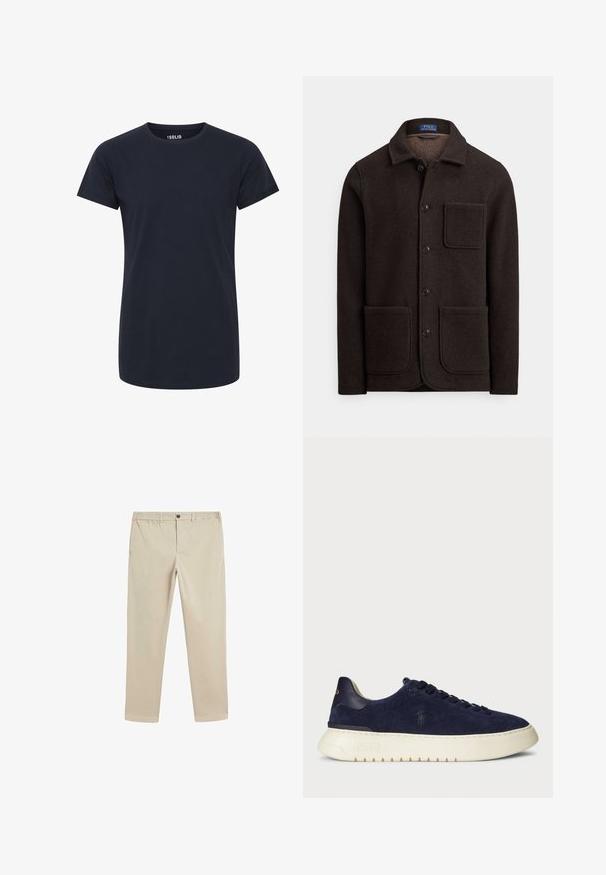 Mørkebrun uldjakke med knaplukning foran, spids krave og to store forlommer. Har en brystlomme og en blød tekstur.; Ensfarvet mørkeblå kortærmet t-shirt med rund hals og slank pasform uden synlige logoer eller design.; Beige bomuldsbukser med elastisk talje, knaplukning, lige ben-design og standardlommer på siderne og bagsiden.; Mørkeblå suede low-top sneakers med en struktureret overflade, gummisål og ensfarvede snørebånd, der har et lille logo på siden og hælen.