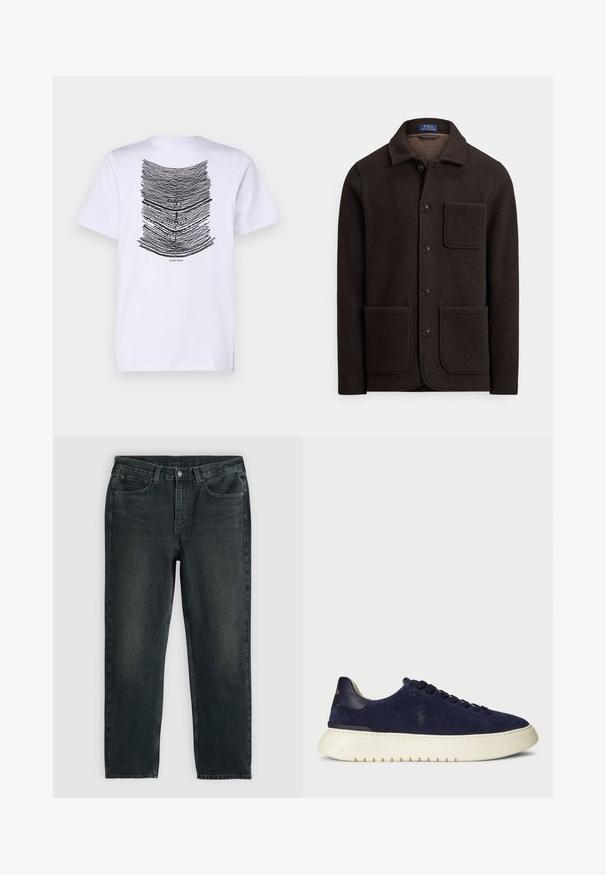Tumši brūns vilnas žakets ar pogām aizpogājamā priekšpusē, ar smailu apkakli un divām lielām prieksējām kabatām. Ir krūšu kabata un mīksta tekstūra.; Balts kokvilnas t-krekls ar melnu lineāru grafikas dizainu priekšā. Īsas piedurknes un apaļa kakla izgriezums.; Tumši zili džinsi ar taisnu kāju griezumu, ar piecām kabatām, rāvējslēdzēju un kontrastējošām diegvīlēm. Auduma viegla izbalēšana.; Jūras kara flotes zamšādas zemas kedas ar strukturētu virsmu, gumijas zoli un tonālām šņorēm, ar mazu logotipu uz sāna un papēža.