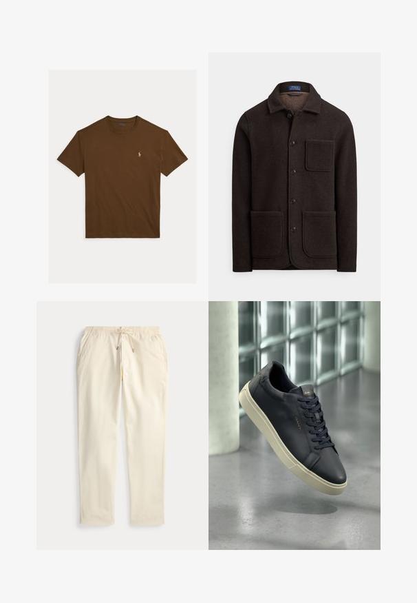 Tumši brūns vilnas žakets ar pogām aizpogājamā priekšpusē, ar smailu apkakli un divām lielām prieksējām kabatām. Ir krūšu kabata un mīksta tekstūra.; Polo Ralph Lauren CUSTOM SLIM FIT JERSEY CREWNECK T-SHIRT - Pamata T-krekls - pale russet; Kremkrāsa taisna kāja bikses ar elastīgu jostasvietu un auklu, priekšpusē ar kabatām, izliktas uz baltas fona.; Jūras spēku krāsas ādas brīvā laika apavi ar noapaļotu purngalu, plakanu šņoru un teksturētu zoli; uz mēles ir logotips, kas kontrastē ar krēma krāsas zoli.
