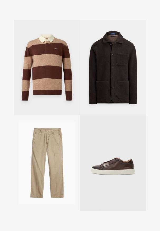 Temno rjav volneni suknjič z zapenjanjem na gumbe, s koničastim ovratnikom in dvema velikima sprednjima žepoma. Ima prsni žep in mehak teksturo.; Rugby majica s dolgimi rokavi z širokimi vodoravnimi rjavimi in bež črtami ter ovratnikom v kremni barvi, z majhnim vezenim logotipom na prsih.; Bežne bež hlače ravnega kroja z zanko za pas, sprednjim gumbom in zadrgo ter bočnimi žepki.; Rjavi usnjeni športni čevlji z zaobljenim nosom, kontrastnim belim gumijastim podplatom, šivanim detajlom in brez vidnih vezalk. Splošno gladka tekstura.