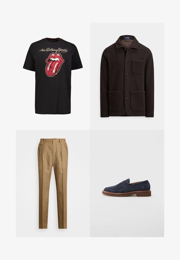 Dunkelbraune Wolljacke mit durchgehender Knopfleiste, spitzem Kragen und zwei großen Fronttaschen. Verfügt über eine Brusttasche und eine weiche Textur.; Schwarzes Baumwoll-T-Shirt mit einem großen, abgenutzten roten Zungen- und Mund-Logo. Darüber steht der Text "the Rolling Stones" und das Gründungsjahr darunter.; Braun karierte Hosen mit strukturierter Passform, mit gefaltetem Vorderteil, zwei seitlichen Taschen und Knopfverschluss. Glatte Textur mit maßgeschneidertem Design.; Marineblauer Wildleder-Loafer mit brauner Sohle und niedrigem Absatz, ausgestattet mit einem klassischen Penny-Strap-Design.