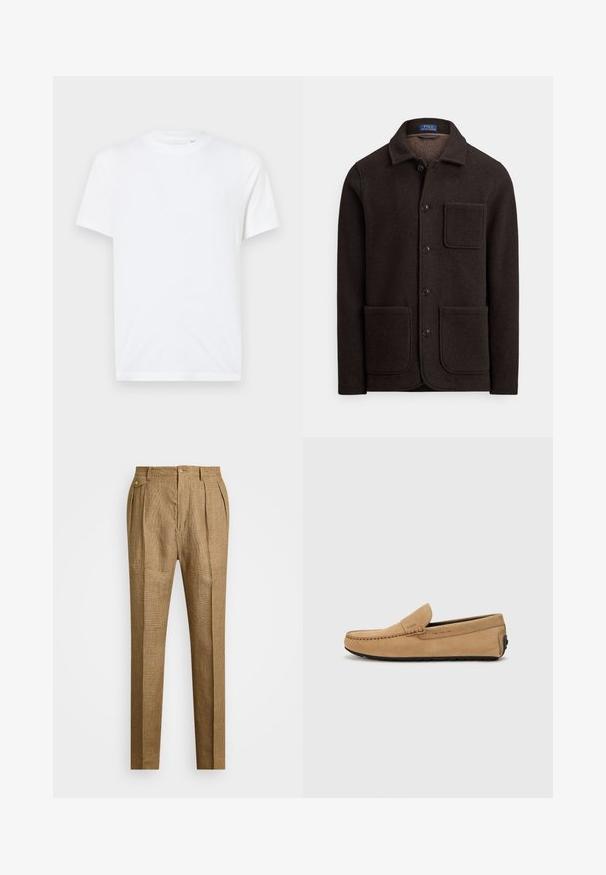 Dark brown wool jacket with a button-up front, pointed collar, and two large front pockets. Features a chest pocket and a soft texture.; White cotton t-shirt with a crew neckline and short sleeves. Features a small, embossed logo on the left chest. Smooth texture.; Brown checkered trousers with a structured fit, featuring a pleated front, two side pockets, and button closure. Smooth texture with a tailored design.; Beige suede moccasin shoe with a stitched toe, slip-on design, and black rubber sole. Features subtle branding on the side.