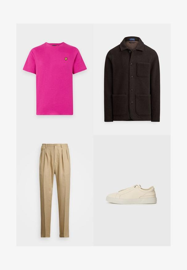 Tamsiai ruda vilnos striukė su sagomis priekyje, smailia apykakle ir dviem didelėmis kišenėmis priekyje. Yra krūtinės kišenė ir minkšta tekstūra.; Rožinė medvilninė marškinė su apvaliu kaklu ir trumpomis rankovėmis. Pasirinktinai yra mažas geltonas siuvinėtas logotipas kairiajame krūtinės pusėje. Lygus paviršius.; Bežinės lininės kelnės tiesaus kirpimo, turinčios dvi priekinės klostes, sagų užsegimą ir šonines kišenes. Tekstūruotas audinys su lygiu paviršiumi.; Kreminio odos sportbačiai su apvaliu nosiu, minimalistiniu dizainu, subtiliomis siuvimo detalėmis ir tekstūrine viršutine dalimi, ant šviesios pado.