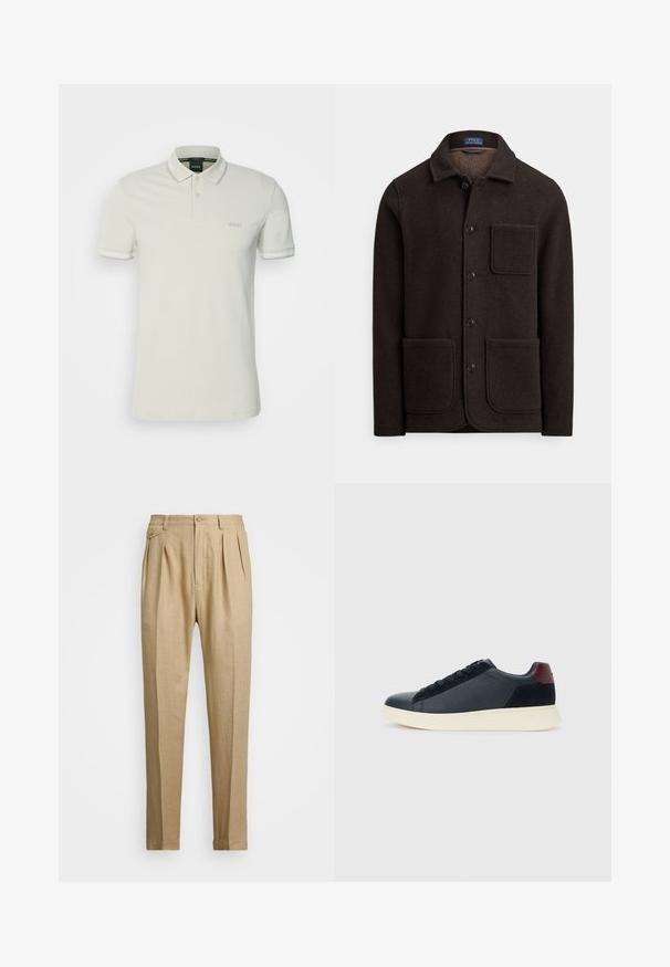 Temno rjav volneni suknjič z zapenjanjem na gumbe, s koničastim ovratnikom in dvema velikima sprednjima žepoma. Ima prsni žep in mehak teksturo.; BOSS PAUL - Polo majica - light beige; Beige lanene hlače s ravnim krojem, ki imajo dva sprednja pregiba, gumbasto zapiranje in stranske žepi. Teksturna tkanina z gladkim zaključkom.; Nizke moške tenisice iz črnega usnja in semiša z vijoličnim petnim delom in belim gumijastim podplatom, prikazane s sprednje strani.