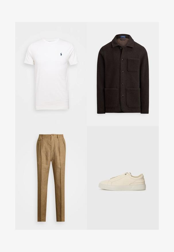 Tamnoljubičasta vunena jakna s prednjim dijelom na gumb, šiljatim ovratnikom i dva velika prednja džepa. Ima džep na prsima i mekanu teksturu.; Bijela pamučna majica s okruglim izrezom. Ima mali tamnoplavi logo na lijevoj strani prsnog koša. Kratki rukavi, glatka tekstura.; Smešane smeđe karirane hlače s strukturiranim krojem, s naborima sprijeda, dva bočna džepa i zatvaranjem na dugme. Glatka tekstura s krojem prilagođenim tijelu.; Bež kožne tenisice s okruglim vrhom, minimalistički dizajn, suptilni šavovi i teksturirana gornja strana, na svijetloj potplati.