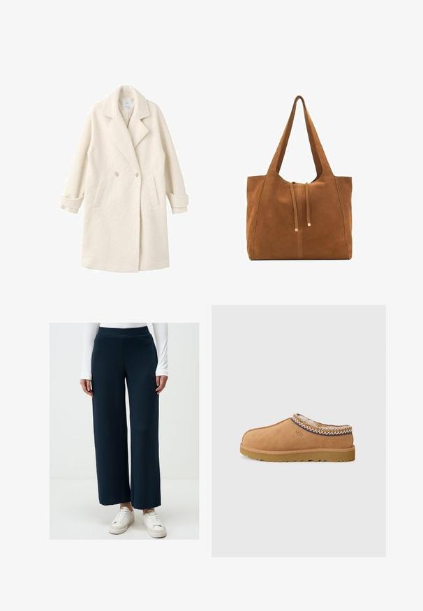 Double-breasted coat in soft cream fabric, featuring notched lapels, side pockets, and rolled cuffs for added detail and texture.; Amber-colored sweater made from soft, fuzzy material. Features a crew neck, ribbed cuffs, and a cropped design with a relaxed fit.; Navy wide-leg pants made of ribbed fabric, featuring a high waistband and a loose fit, paired with white sneakers.; Tan suede slip-on shoe with a textured wool lining and decorative ethnic-style stitching around the collar. Features a rubber sole.; Brown suede tote bag with two long straps, drawstring closure, and minimalistic design. Smooth texture and no visible hardware accents.