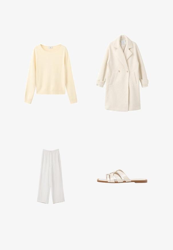 Cappotto doppiopetto in morbido tessuto crema, con rever a punte, tasche laterali e polsini arrotolati per un tocco di dettaglio e texture.; Maglione a maniche lunghe color crema con scollo rotondo, orlo e polsini a costine, esposto su uno sfondo bianco.; Pantaloni a gamba larga bianchi realizzati in un tessuto leggero. Presentano una vita elastica con cordoncino e tasche laterali. Texture liscia.; Infradito con suola in gomma color talpa, progettate con tre cinturini in pelle bianca sovrapposti e un piccolo dettaglio a fiocco al centro.